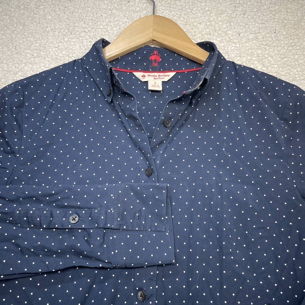 Brooks Brothers Red‎ Fleece Womens Navy Blue Polka Dot Button Down Shirt Size 2